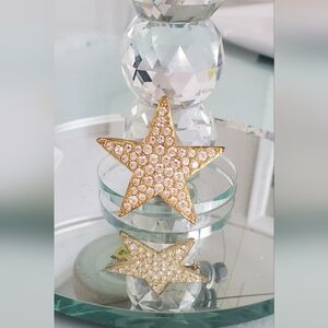 💚5/$25 Vintage 2" Gold Star Crystal Brooch Pin Rhinestone Sparkle Statement